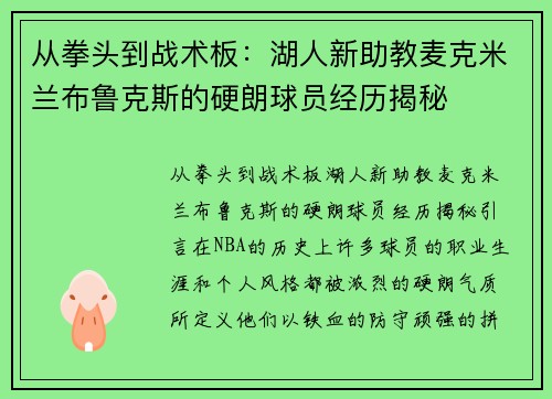 从拳头到战术板：湖人新助教麦克米兰布鲁克斯的硬朗球员经历揭秘